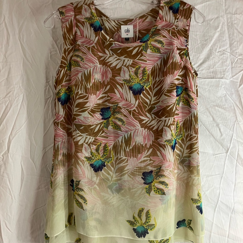 CAbi Women's Tropical Floral Sleeveless Blouse - Pink, Green, and Blue